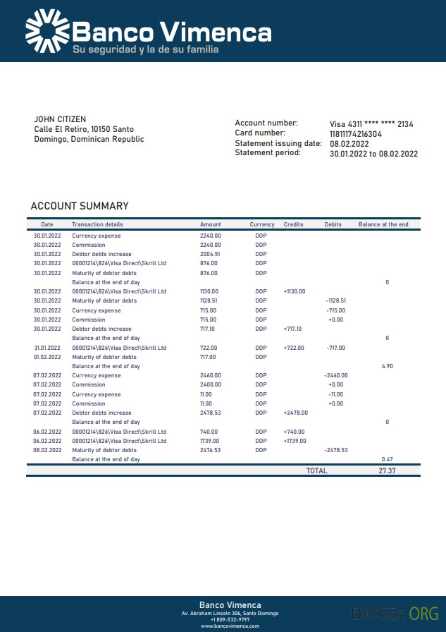 Relevé bancaire de la Banco Vimenca en République Dominicaine